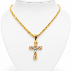 Collana America con Crocifisso Doppia Lastra Bicolore in Oro 18K